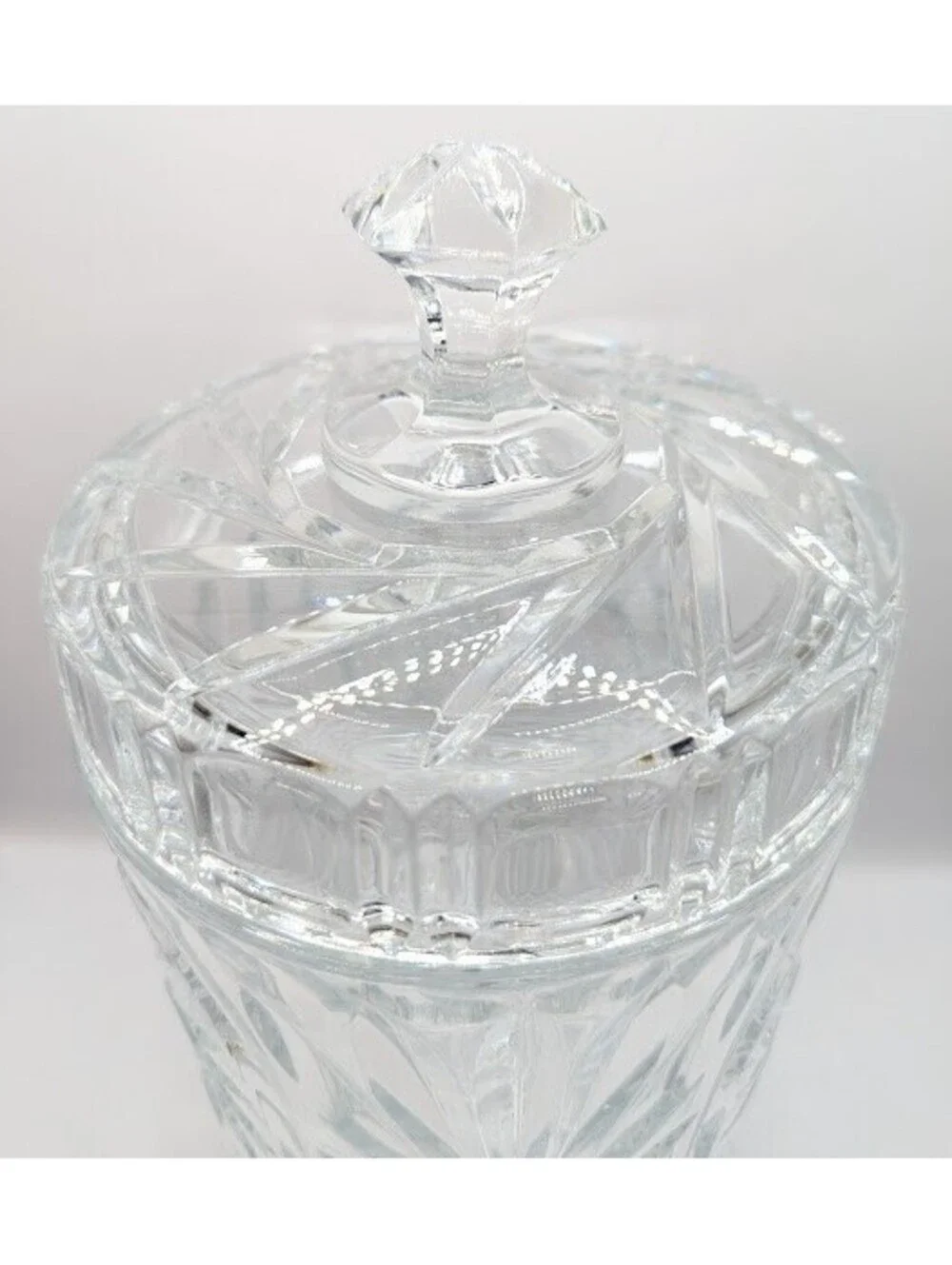 Vintage St. George Lead Crystal Biscuit Barrel Cookie Jar Lidded Fan Pinwheel